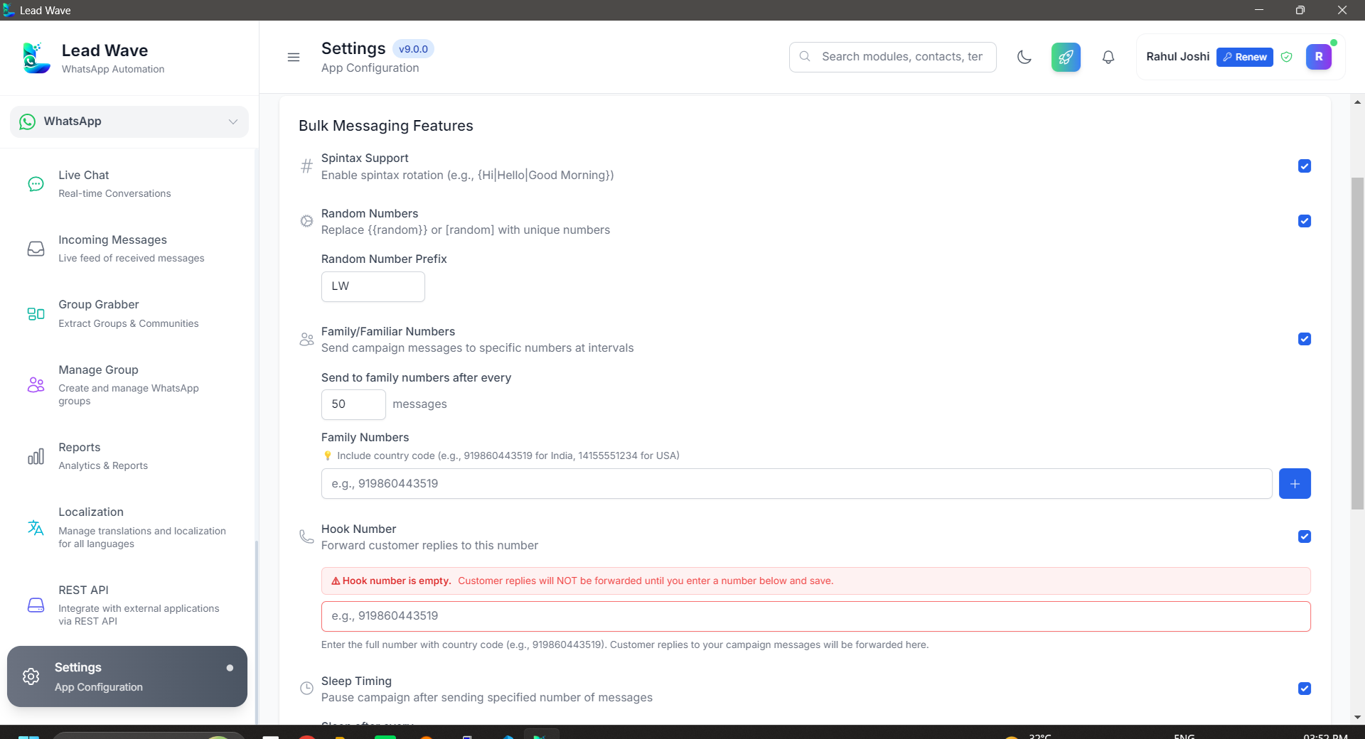 LeadWave Bulk Message Settings screenshot