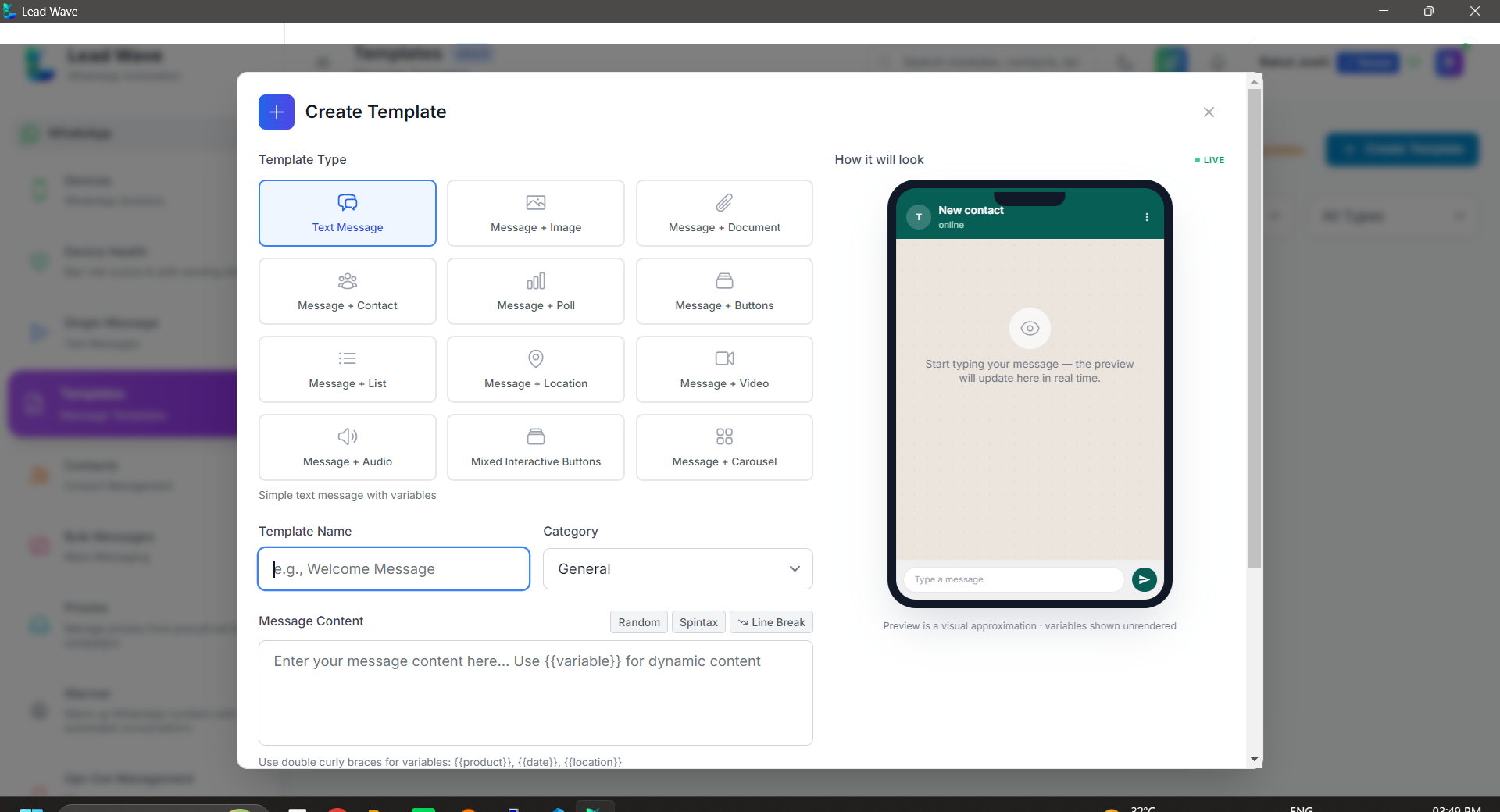 LeadWave Message Templates screenshot